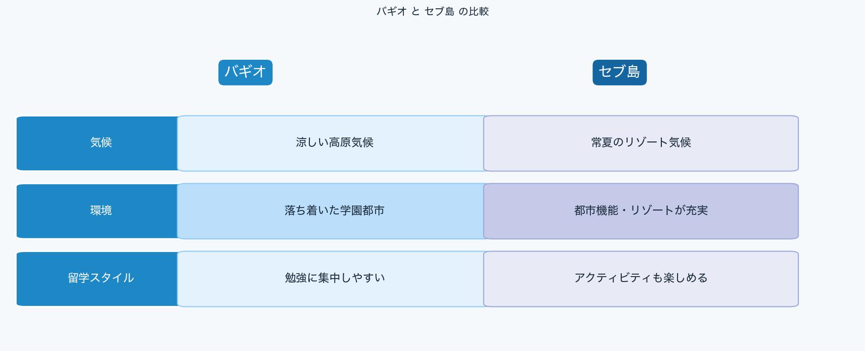 バギオとセブ島の特徴を比較した図